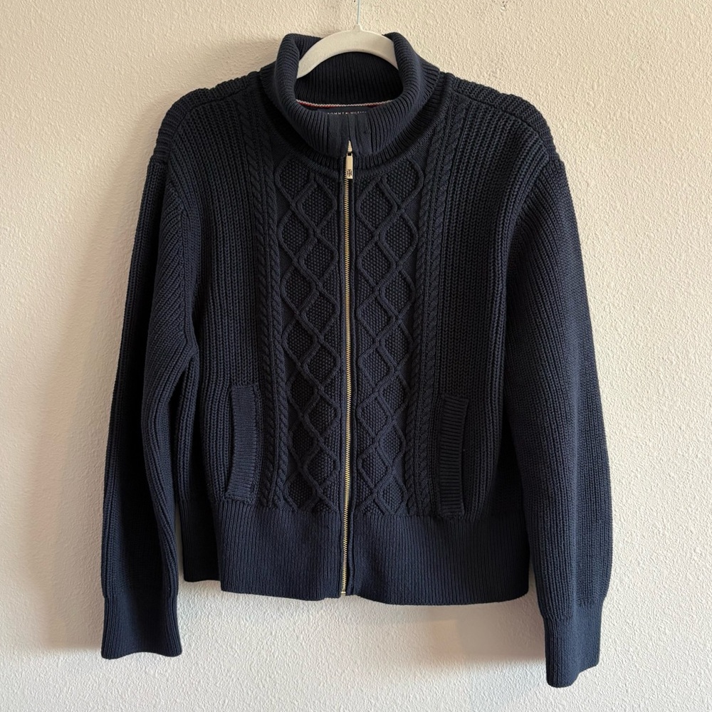 Tommy Hilfiger Cable-Knit Full-Zip Cardigan Sweater Women’s Large Navy Cotton